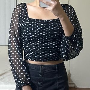 Black White Polka Dot Long Sleeve Crop Top Blouse